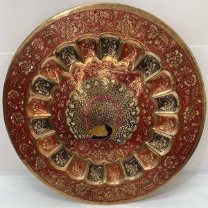 Large Vintage Brass Etched Enamel Peacock Wall Plate  Wall Décor 15” Copper 100%